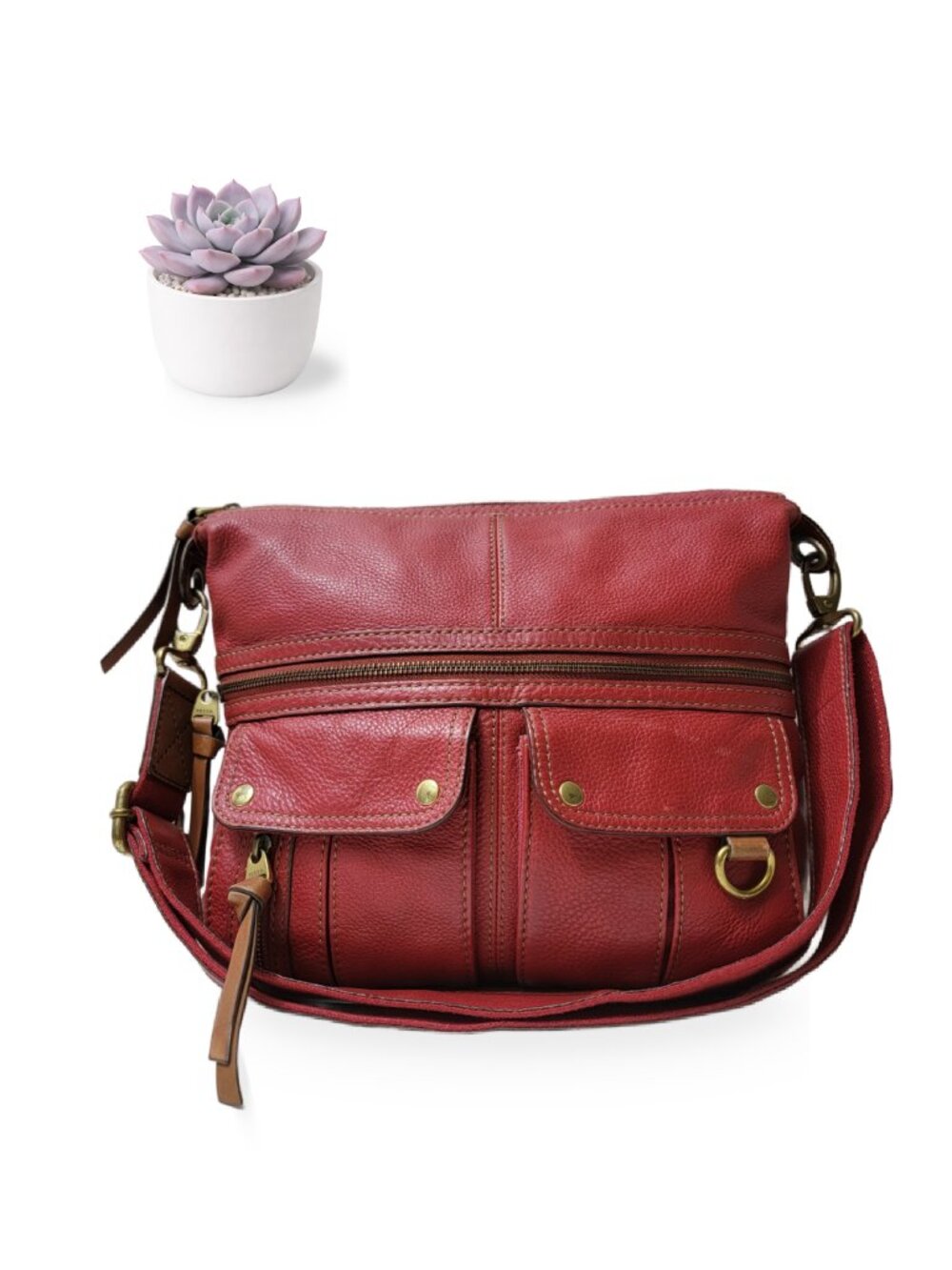 Fossil Morgan Traveler Crossbody Handbag Red Pebbled Leather Shoulder Bag